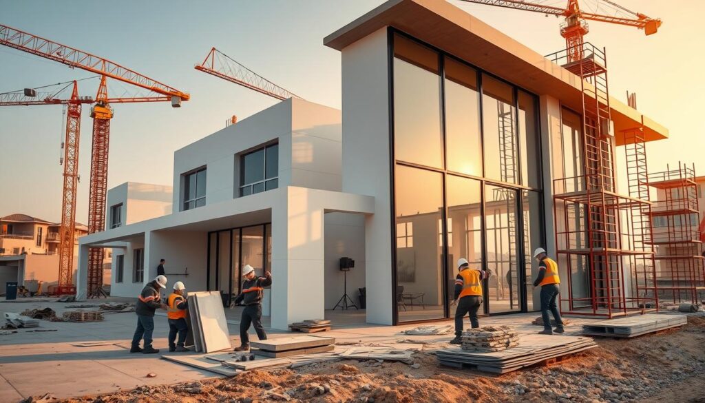 A modern construction site showcasing the latest techniques and materials in Saudi Arabian villa annexes and glass rooms. In the foreground, skilled workers meticulously install insulated sandwich panels, ensuring energy efficiency and thermal comfort. The middle ground features sleek, minimalist architectural designs with clean lines and expansive glass facades, blending indoor and outdoor living spaces. The background depicts a vibrant, bustling environment with cranes, scaffolding, and the promise of luxurious, bespoke living experiences. Warm, natural lighting bathes the scene, highlighting the precision and craftsmanship involved in creating these premium villa additions.