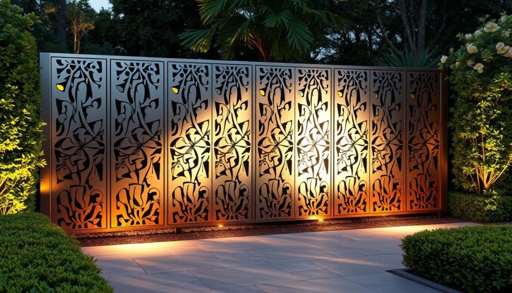 A modern, elegant privacy fence crafted from sleek, polished laser-cut metal panels. The panels feature intricate, abstract geometric patterns that cast mesmerizing shadows across the ground. The fence stands tall, creating a sense of security and exclusivity. Warm, diffused lighting illuminates the panels, highlighting their metallic sheen and casting a soothing glow. The fence is positioned amidst lush, manicured greenery, seamlessly blending into the serene, natural surroundings. The overall composition exudes a harmonious balance of sophistication and tranquility, embodying the perfect fusion of form and function.