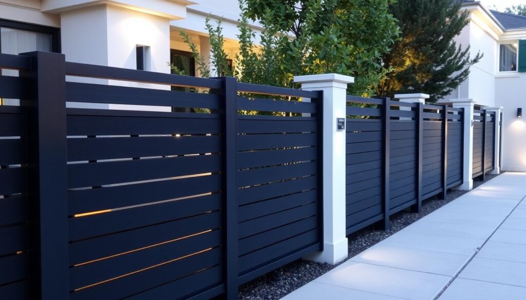 A modern, elegant privacy fence system with a sleek design. The fence panels are constructed from high-quality materials, seamlessly blending form and function. Soft, diffused lighting illuminates the space, creating a warm and inviting atmosphere. The fence seamlessly integrates with the surrounding architecture, providing a sense of security and exclusivity. Carefully placed architectural elements add visual interest, while the clean lines and neutral color palette exude a refined, sophisticated aesthetic. The overall scene conveys a balance of privacy, protection, and thoughtful design.