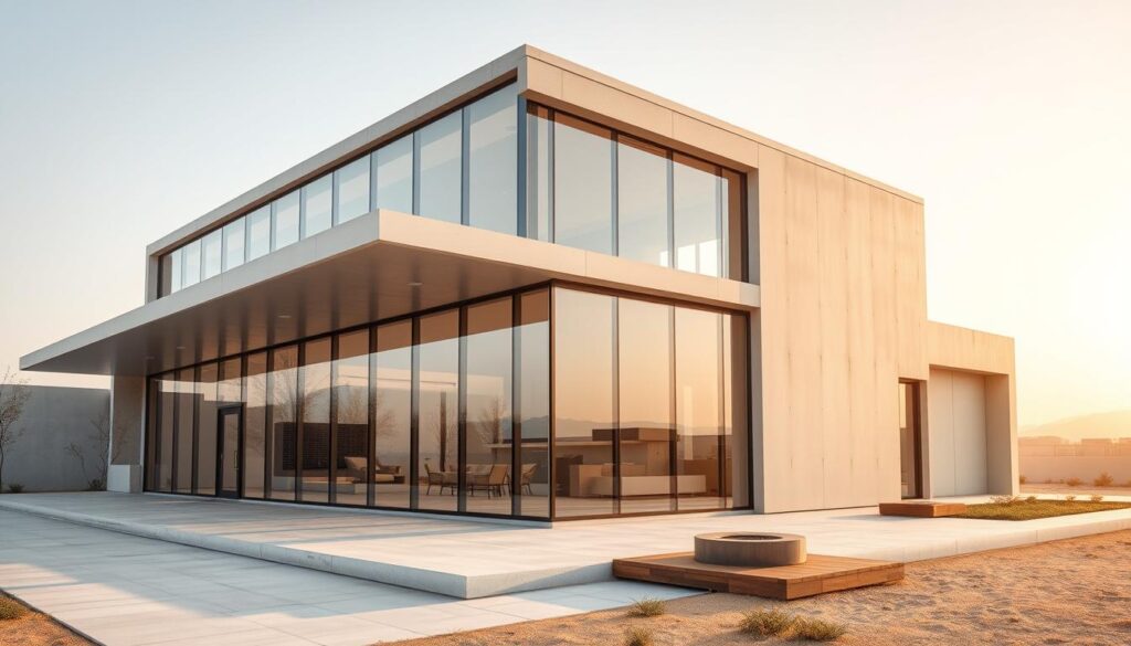 A modern, elegantly designed glass and concrete building annexe, bathed in warm natural light. Sleek, insulated sandwich panels are installed by skilled workers, creating an energy-efficient, minimalist aesthetic. The structure seamlessly blends indoor and outdoor spaces, with expansive windows offering panoramic views. A harmonious colour palette of neutral tones and muted accents evokes a sense of refined sophistication. Carefully considered angles, clean lines, and attention to detail result in a visually striking, yet functional architectural masterpiece that captures the essence of contemporary Saudi building trends.