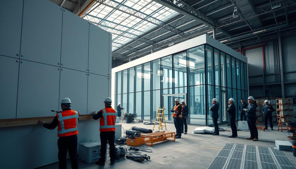 A modern engineering site, bustling with activity. In the foreground, a team of skilled technicians carefully install high-performance insulated panels, ensuring a seamless and energy-efficient facade. The middle ground showcases the sleek, minimalist design of the new glass annexes, their clean lines and expansive windows capturing the essence of innovative architecture. In the background, a team of engineers oversees the project, their watchful gaze guiding the construction with precision and expertise. Warm, directional lighting illuminates the scene, casting subtle shadows and highlighting the intricate details of the engineering process. The overall atmosphere conveys a sense of professionalism, innovation, and dedication to quality craftsmanship.
