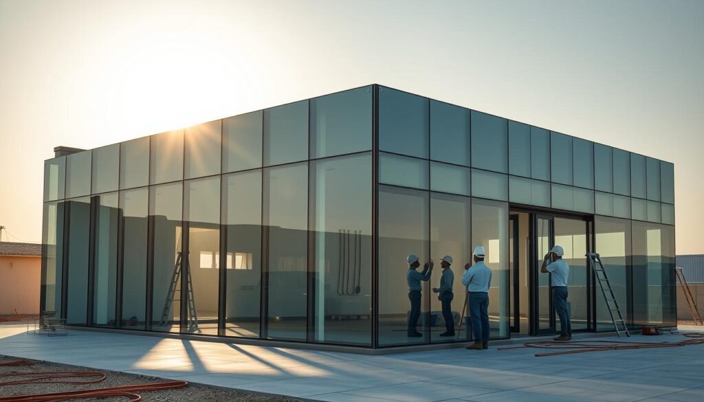 A modern glass and steel annex in Dammam, Saudi Arabia, with workers carefully installing insulated sandwich panels. The structure is bathed in warm, natural lighting, casting long shadows across the sleek, minimalist design. The panels are meticulously aligned, creating a seamless, reflective facade that blends the indoor and outdoor spaces. The overall atmosphere exudes a sense of clean, contemporary elegance, perfectly suited for the luxurious, modern villas of the region.