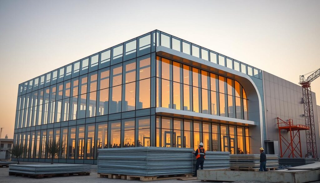 A modern glass annex in Jubail, Saudi Arabia, featuring high-quality insulated sandwich panels installed by skilled workers. The structure stands tall, bathed in warm, directional lighting that casts dramatic shadows, creating a sense of depth and architectural elegance. The facade showcases clean lines, sleek curves, and a harmonious blend of glass and metal, embodying the principles of quality construction. In the foreground, workers meticulously assemble the panels, adhering to rigorous safety protocols and industry standards. The overall scene conveys a balance of modern design, attention to detail, and a commitment to building excellence.