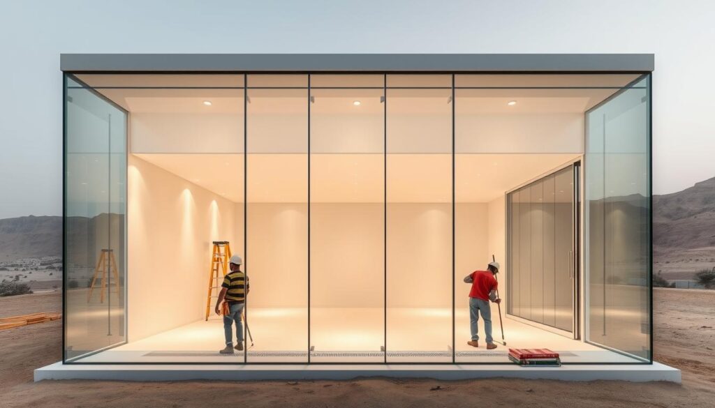 A modern glass annex with a sleek, minimalist design rises against a backdrop of the Saudi Arabian landscape. Skilled workers meticulously install insulated sandwich panels, ensuring the structure's thermal efficiency and durability. Soft, diffused lighting filters through the expansive glass walls, creating a warm, inviting ambiance. The annex's clean lines, precision engineering, and attention to quality standards reflect the principles of "معايير الجودة التي تعتمدها ريادة الشرقية" - a testament to the region's commitment to modern, sustainable architecture.