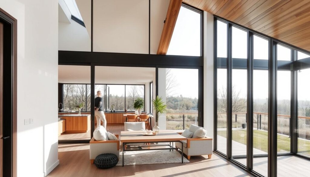 A modern glass annexe with sleek sandwich panels in a light, airy palette. Warm wooden accents complement the clean lines. Abundant natural light filters through large windows, creating a seamless indoor-outdoor flow. Skilled technicians meticulously install the insulated panels, ensuring a energy-efficient, climate-controlled space. This sophisticated extension offers a harmonious blend of contemporary design and comfort, seamlessly integrating with the surrounding architecture.