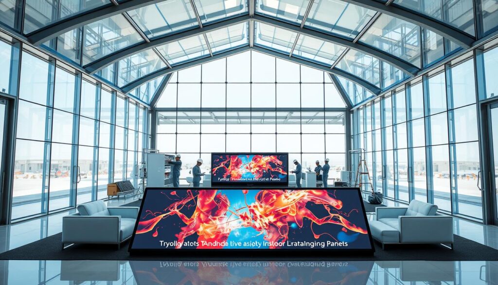 A modern glass annexe with soaring ceilings and abundant natural light, where teams of skilled workers carefully install gleaming insulated sandwich panels. Polished floors and sleek, minimalist furnishings evoke an atmosphere of refined sophistication. In the foreground, a digital display showcases vibrant visuals, highlighting the quality standards upheld by the prestigious Riyada Al-Sharqiya enterprise. The overall scene exudes an aura of elegance, innovation and attention to detail - the hallmarks of excellence in the Dammam outdoor living experience of 2026.