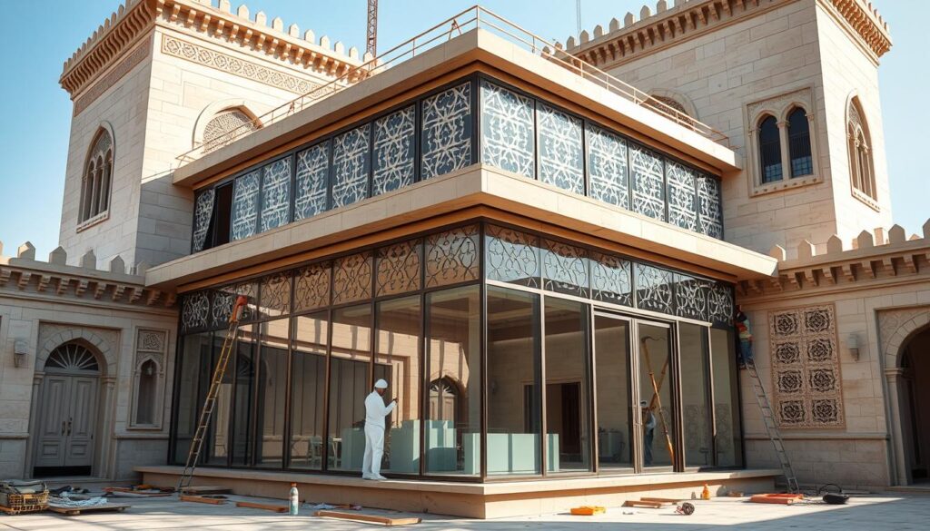 A modern, glass-enclosed annex nestled within a traditional Saudi Arabian architectural setting. Sleek, insulated sandwich panels create a seamless integration of old and new, allowing natural light to flood the interior. Intricate geometric patterns adorn the façade, echoing the rich heritage of the region. Workers carefully install the panels, their skilled hands bringing this harmonious fusion of styles to life. The annex stands as a testament to the timeless elegance of traditional design, enhanced by contemporary materials and techniques.