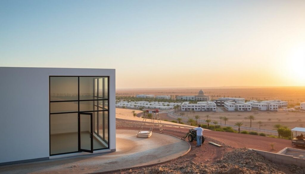 A modern glass-enclosed annex with a sleek, minimalist design stands prominently in the foreground, its clean lines and expansive windows reflecting the warm desert sun. In the middle ground, workers meticulously install insulated sandwich panels, their efficient movements capturing the precision of the construction process. Beyond, the sprawling landscape of the Ahsa region unfolds, dotted with lush greenery and the distinctive architecture of the region. The scene conveys a harmonious blend of cutting-edge design and traditional Saudi influences, showcasing the company's expertise in creating innovative yet comfortable outdoor living spaces.
