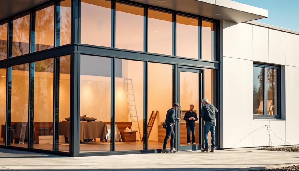 A modern glass-enclosed annex with clean architectural lines, featuring high-quality insulated sandwich panels in a neutral color palette. The facade is bathed in warm, natural lighting, creating a welcoming and inviting ambiance. Sleek metal frames and frameless glass panels seamlessly blend form and function, showcasing the material's durability and thermal efficiency. Skilled workers meticulously install the panels, ensuring a flawless finish that accentuates the structure's elegant design. The overall scene conveys a sense of thoughtful planning and attention to detail, perfectly capturing the essence of an "ideal annex" for a sandwich panel project.