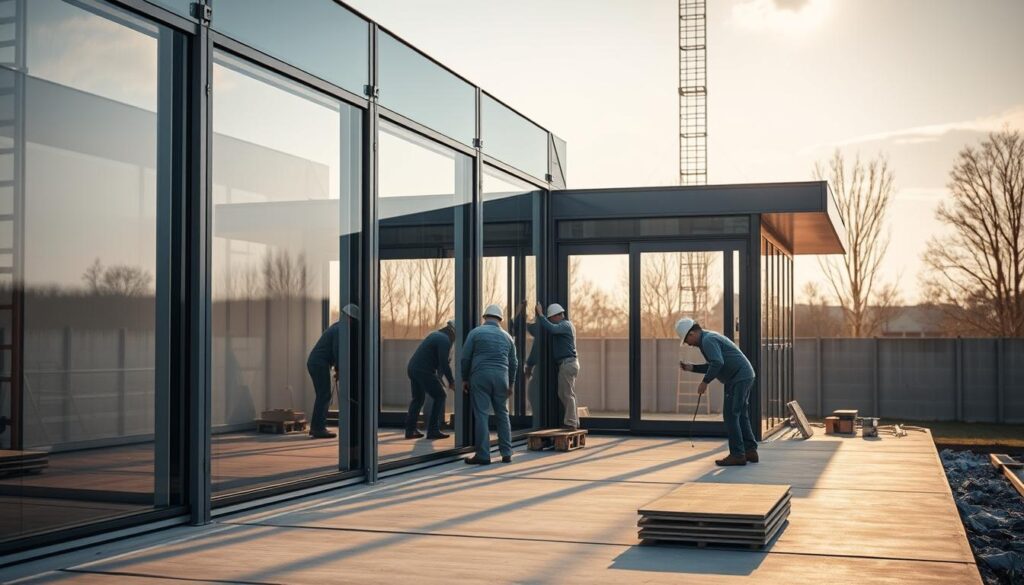 A modern glass-enclosed annex with workers carefully installing sleek, insulated sandwich panels and sturdy cement boards to create a seamless, high-performance surface. The scene is bathed in warm, natural light, highlighting the precision and craftsmanship of the installation process. The materials blend harmoniously, showcasing the innovative construction techniques used to build these cutting-edge building additions. Angles and perspectives emphasize the clean lines and sophisticated design, creating a visually striking image that captures the essence of the latest advancements in surface solutions.
