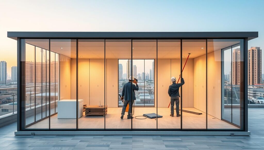 A modern glass-enclosed annex with workers meticulously installing insulated sandwich panels against the backdrop of a vibrant cityscape in Dammam, Saudi Arabia. The panels, with their sleek, clean lines, seamlessly blend form and function, creating an energy-efficient and visually striking structure. Warm natural lighting filters through the glass, casting a welcoming glow and highlighting the precision of the installation process. The scene embodies the perfect balance of contemporary design and sustainable construction techniques, showcasing the versatility and aesthetic appeal of sandwich panel technology in the modern architectural landscape of Dammam.
