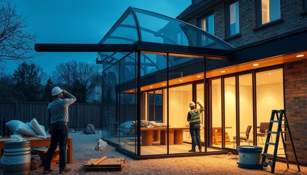 A modern glass-enclosed annexe under construction, with workers carefully installing insulated sandwich panels to create a sleek, energy-efficient exterior. The scene conveys an atmosphere of engineering precision and architectural elegance, with a focus on the technical supervision and quality assurance processes involved in this project. Warm, diffused lighting illuminates the workspace, casting soft shadows and highlighting the intricate details of the construction process. The overall composition emphasizes the importance of engineering oversight and warranty coverage in ensuring the successful completion of this outdoor living space design.