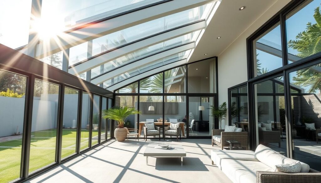 A modern glass-enclosed outdoor living space showcases expertly installed sandwich panels, crafted with precision to optimize insulation and ventilation. Sunlight streams through expansive windows, illuminating the sleek, minimalist design. Skilled technicians meticulously fit the interlocking panels, creating a seamless, cohesive structure that blends form and function. The space radiates a sense of openness and relaxation, inviting occupants to enjoy the temperate climate in stylish, comfortable surroundings. Subtle lighting accents highlight the panel's textures, while a neutral color palette allows the architecture to take center stage. This is the epitome of contemporary outdoor living, where cutting-edge materials and thoughtful construction elevate the user experience.