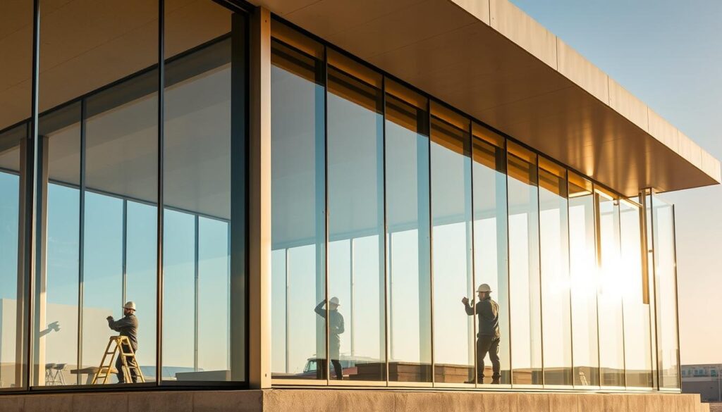 A modern glass-enclosed sanctuary in Saudi Arabia, its walls constructed with sleek sandwich panels, creating a harmonious blend of transparency and insulation. Workers meticulously install the panels, their precise movements reflecting the engineering prowess behind this elegant architectural vision. Warm natural light filters through the glass, casting a soft glow and accentuating the clean lines of the structure. The scene exudes a sense of tranquility, inviting occupants to bask in the beauty of seamless indoor-outdoor integration.
