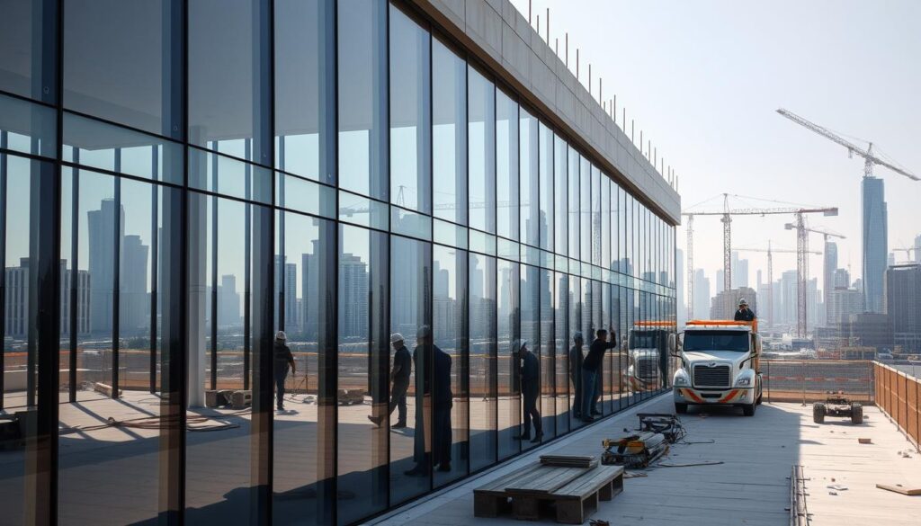A modern glass-paneled annex under construction, with workers meticulously installing advanced insulated sandwich panels in a sleek, minimalist design. The scene is bathed in warm, natural light, highlighting the clean lines and precision of the building process. In the background, a cityscape of skyscrapers and cranes stands as a testament to the rapid development. The image conveys a sense of progress, efficiency, and innovative construction techniques, perfectly capturing the essence of "أسعار البناء والتشطيب 2026".