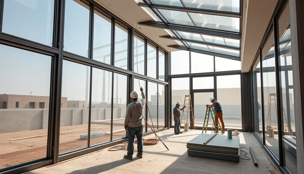 A modern, glass-walled annex with seamlessly installed insulated sandwich panels. Sleek metal framing supports the large, panoramic windows, allowing ample natural light to flood the interior. Workers meticulously arrange the panels, ensuring a clean, cohesive aesthetic. The scene exudes a sense of architectural precision and attention to detail, befitting the high-end construction standards of a luxury villa in Dammam, Saudi Arabia. Soft, directional lighting highlights the smooth textures and glossy finishes of the materials, creating a warm, inviting atmosphere.