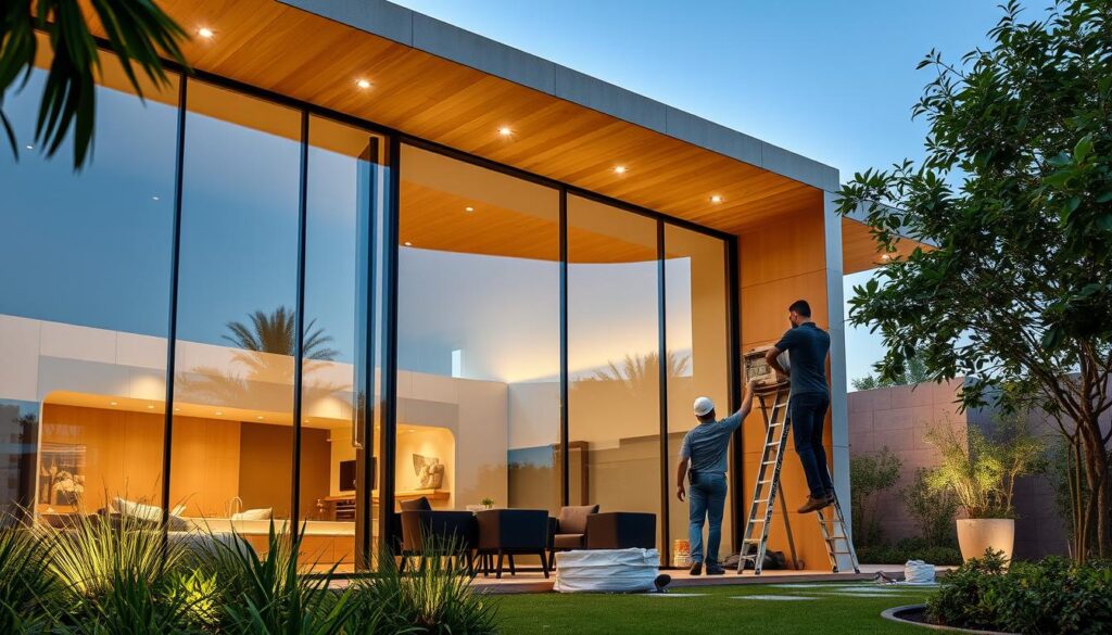 A modern, high-end luxury annex with a sleek, minimalist design. The structure features floor-to-ceiling glass walls, allowing ample natural light to flood the interior. Insulated sandwich panels in a warm, earthy tone line the exterior, providing exceptional thermal performance. Elegant lighting fixtures cast a soft, ambient glow, creating a cozy and inviting atmosphere. The annex is situated within a lush, landscaped garden, blending seamlessly with the surrounding environment. Skilled workers carefully install the panels, ensuring a flawless, high-quality finish. The resulting image should convey a sense of sophistication, comfort, and attention to detail, perfectly complementing the article's focus on luxurious Dhahran council decor.