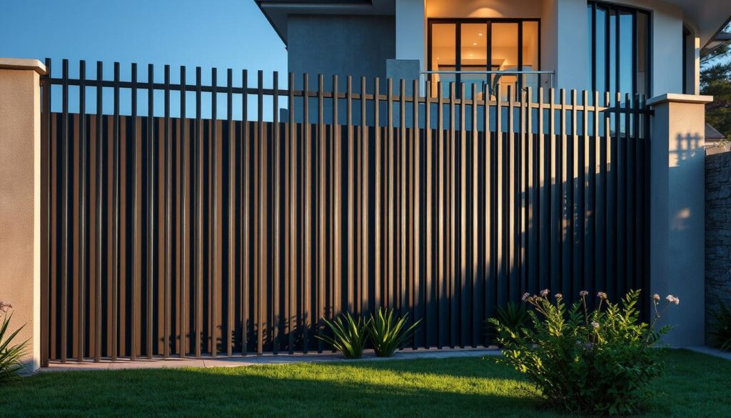 A modern, high-quality privacy fence made of sturdy metal bars and vertical panels, standing tall and proud, casting deep shadows on the ground. The sleek, minimalist design exudes a sense of security and sophistication, complementing the elegant architecture of the surrounding villa. Subtle lighting highlights the metallic sheen, creating a warm, inviting atmosphere. In the foreground, a well-maintained garden adds a touch of lush greenery, seamlessly blending the fence with the landscape. The overall scene conveys a strong emphasis on quality craftsmanship, post-sale service, and the protection of the home's inhabitants.
