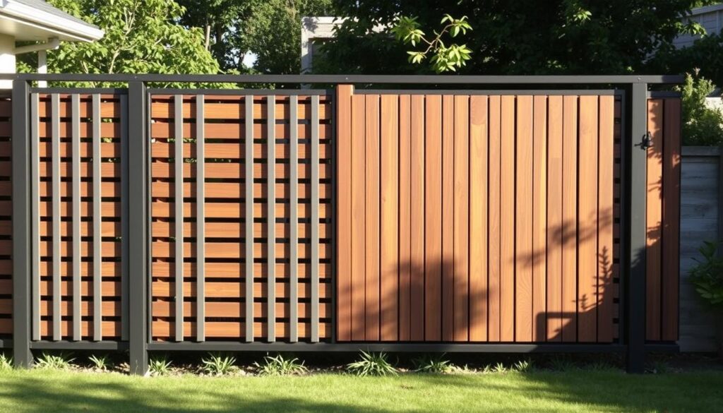 A modern, high-quality privacy fence system made of sturdy metal and elegant wood panels. The fence features a harmonious blend of sleek vertical slats and horizontal beams, creating a visually appealing and durable structure. The fence is positioned in a well-lit, peaceful outdoor setting, casting soft shadows that accentuate its thoughtful design. The overall atmosphere conveys a sense of privacy, security, and refined aesthetic, suitable for upscale residential or commercial properties in the Ahsa region.