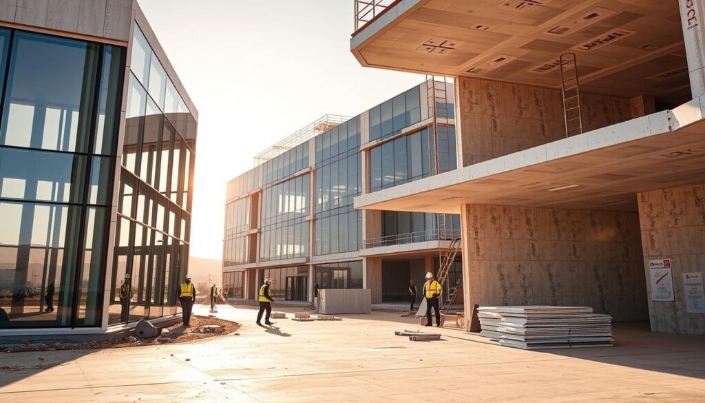 A modern industrial complex emerges as skilled workers meticulously install insulated sandwich panels and cement boards, expertly crafting a state-of-the-art building in the heart of Saudi Arabia. Sleek glass panels reflect the warm desert sun, blending seamlessly with the sturdy, yet lightweight construction materials. Precision engineering and advanced building techniques harmonize to create an architectural marvel, showcasing the region's commitment to innovative, energy-efficient design. The scene exudes a sense of progress and innovation, perfectly capturing the essence of the "Precise Engineering in Al-Ahsa" section of the article.