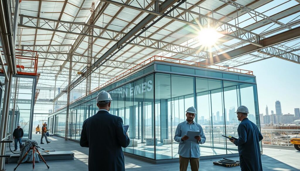 A modern industrial complex with workers installing insulated sandwich panels, constructing glass-walled annexes and rooms. Sunlight streams through the glass, illuminating the clean, precise engineering of the structures. In the foreground, engineers inspect the work, clipboards in hand, ensuring quality control and adherence to safety standards. The background features the city skyline of Dammam, a testament to the region's architectural progress. Precise, meticulous details in the engineering and construction convey a sense of professionalism and reliability in the warranty and supervision services offered.
