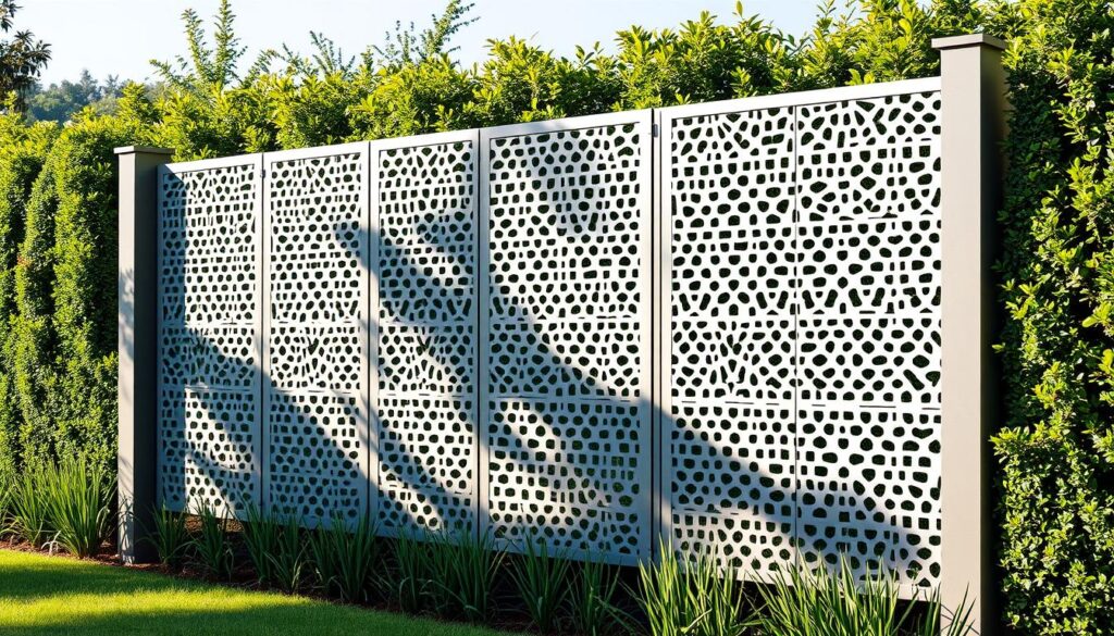 A modern laser-cut privacy fence stands tall, crafted from sleek, brushed metal panels. The intricate, geometric patterns cast dynamic shadows, creating a captivating interplay of light and shadow. The fence seamlessly blends functionality and aesthetic, offering both protection and visual elegance. Tall, slender posts support the fence, their clean lines complementing the contemporary design. In the background, a lush, manicured garden provides a verdant backdrop, enhancing the sense of luxury and refinement. The overall scene conveys a harmonious fusion of cutting-edge technology and timeless sophistication, perfectly suited for the discerning homeowner.