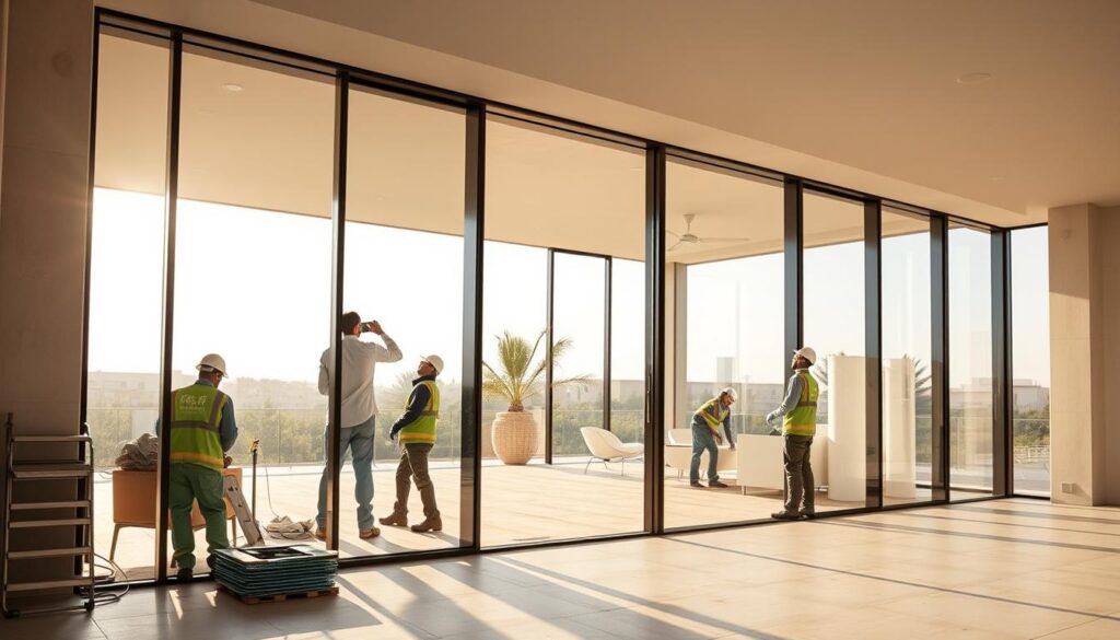A modern, luxurious glass annex with sleek, minimalist design showcasing the latest building materials and construction techniques. The structure features floor-to-ceiling windows, allowing natural light to flood the interior space. A team of skilled workers carefully installs insulated sandwich panels, blending form and function for an energy-efficient, high-quality finish. The background depicts a serene, sun-drenched environment, hinting at the comfortable and sophisticated ambiance of this architectural masterpiece. Capturing the essence of contemporary Saudi construction, this image exemplifies the perfect balance of innovation, craftsmanship, and attention to detail.