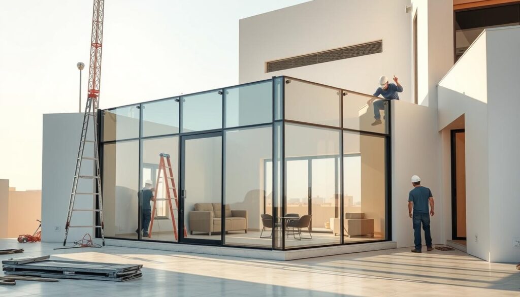 A modern, luxurious villa in Dammam, Saudi Arabia, featuring a stunning glass room addition constructed with high-quality insulated sandwich panels. The panels are being carefully installed by skilled workers, seamlessly integrating the new structure with the existing architecture. Warm, natural lighting filters through the glass walls, creating a bright and airy atmosphere. The minimalist, contemporary design showcases the versatility and aesthetic appeal of sandwich panel construction, perfectly complementing the villa's elegant aesthetic. The overall scene conveys a sense of refined sophistication and attention to detail, ideal for highlighting the benefits of using sandwich panels and cement boards in Dammam's villa construction.