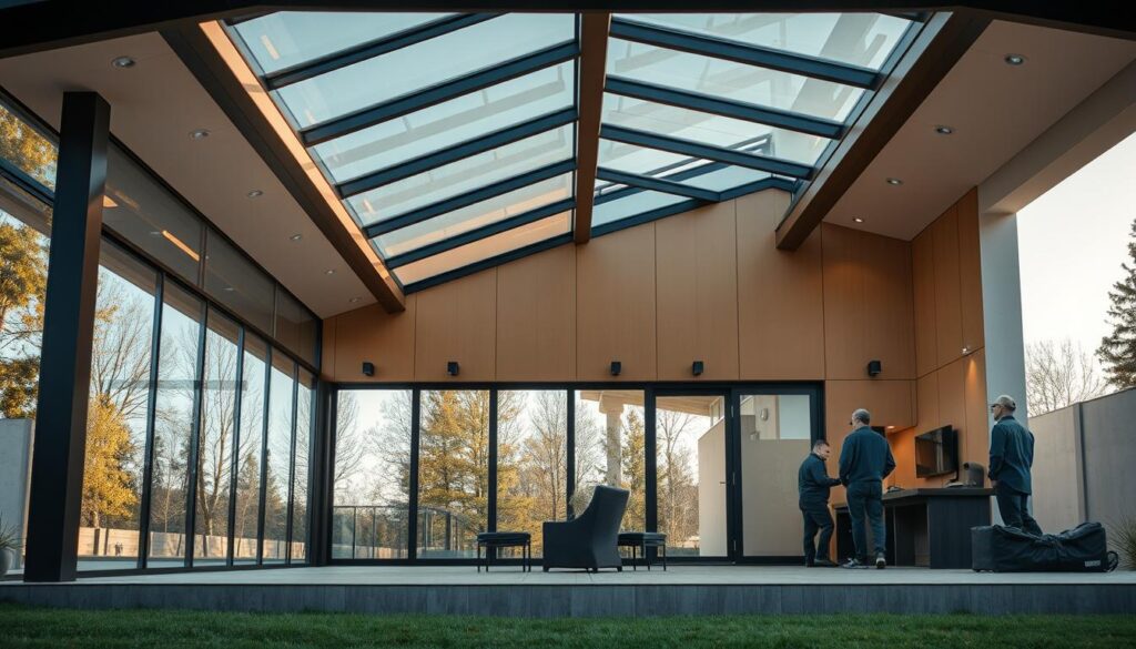 A modern, luxury glass and steel annex with a sleek, minimalist design. The structure features expansive glass panels that flood the interior with natural light, creating a bright, airy atmosphere. Carefully placed lighting fixtures provide soft, ambient illumination, enhancing the high-end aesthetic. The walls are adorned with smooth, insulated sandwich panels in a warm, neutral tone that complements the overall design. A team of skilled workers meticulously install the panels, ensuring a seamless, high-quality finish. The annex is designed to effortlessly blend functionality and sophistication, creating the perfect outdoor living space.