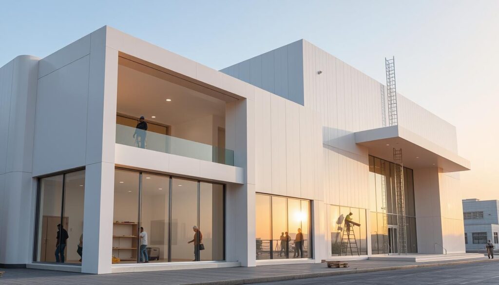 A modern, minimalist building facade in Dammam, Saudi Arabia. The structure features sleek, glass-enclosed rooms and annexes with workers installing insulated sandwich panels. Warm sunlight filters through the glass, casting soft shadows on the building's clean lines. The structure's contemporary design blends seamlessly with the traditional architectural elements of the surrounding neighborhood, creating a harmonious balance of old and new. The scene conveys a sense of progress and innovation, reflecting the evolving design aesthetics of the region in 2026.