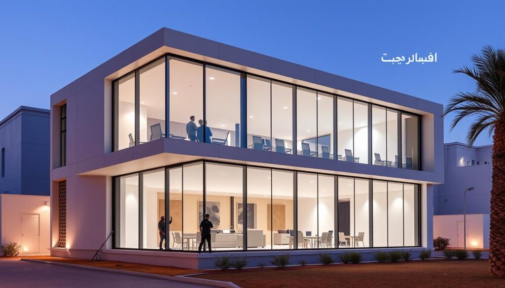 A modern, minimalist design for an annex in Dammam, Saudi Arabia. A two-story structure with floor-to-ceiling windows, clean lines, and a sleek, contemporary aesthetic. The facade features a combination of insulated sandwich panels and glass, allowing ample natural light to flood the interior. Skilled workers carefully install the panels, crafting a structure that blends seamlessly with the surrounding architecture. The annex is positioned to capture the optimal views, creating a harmonious balance between indoor and outdoor spaces. Subtle lighting highlights the architectural details, setting an atmosphere of sophistication and innovation.
