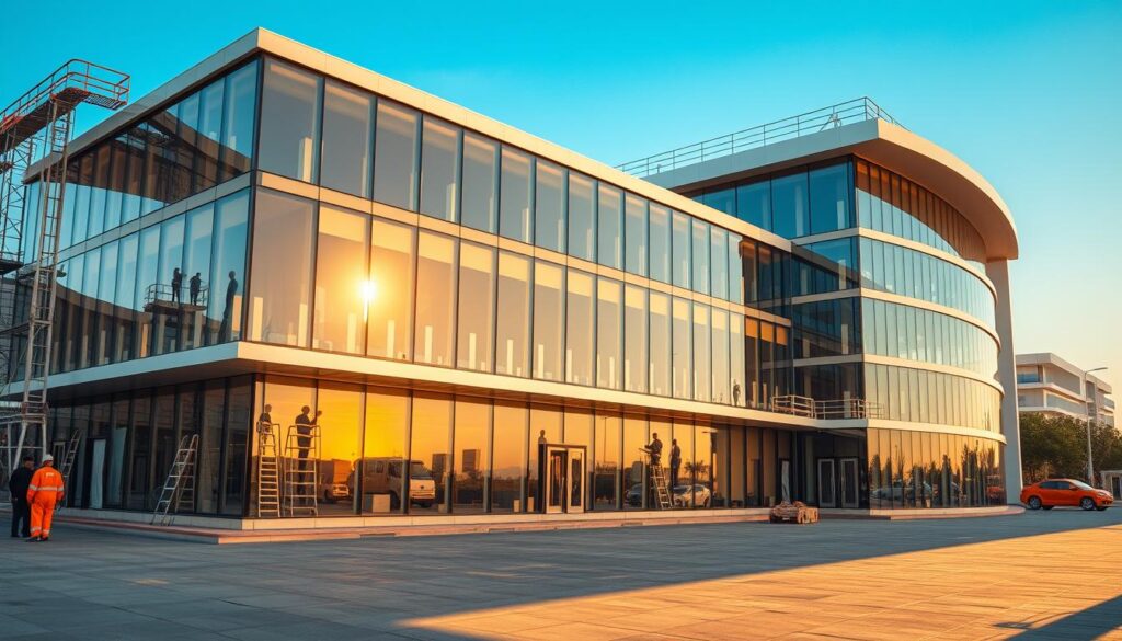 A modern multi-story annex with a glass facade, built with high-quality insulated sandwich panels. The structure is situated in a bustling district of Khobar, Saudi Arabia, with workers carefully installing the panels to create a seamless, energy-efficient exterior. The building is bathed in warm, natural light, casting long shadows across the ground. The architectural design features clean lines, sleek curves, and a harmonious blend of glass and steel, reflecting the vibrant energy of the city.