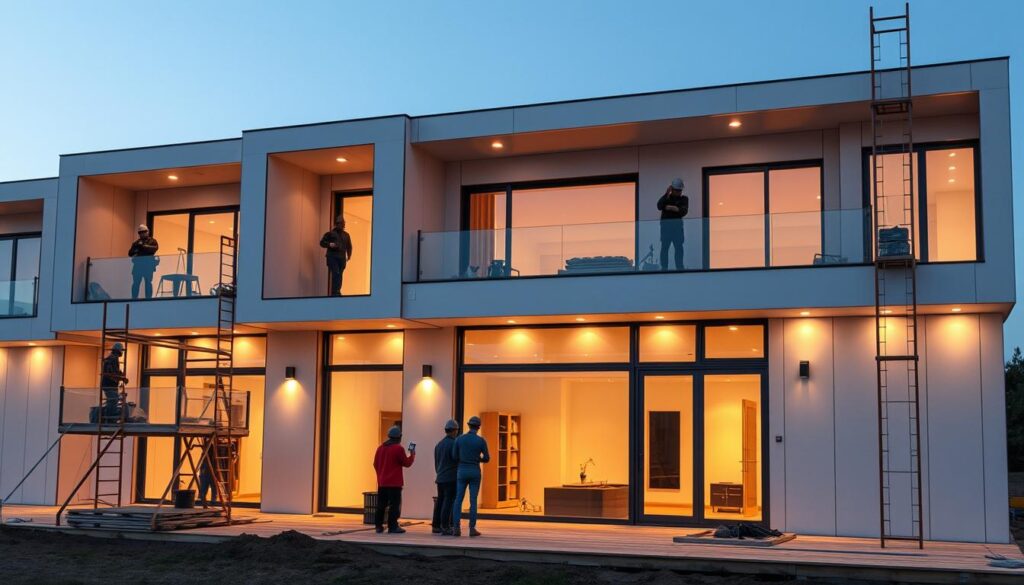 A modern multi-story building with glass-enclosed annexes is being constructed. Construction workers carefully install insulated sandwich panels, creating a sleek, energy-efficient exterior. The structure features a harmonious blend of clean lines, large windows, and a palette of neutral tones that accentuate the minimalist, contemporary design. Warm lighting casts a soft glow, highlighting the attention to detail and craftsmanship. The scene conveys a sense of progress and functionality, setting the stage for the family's comfortable and spacious living experience.