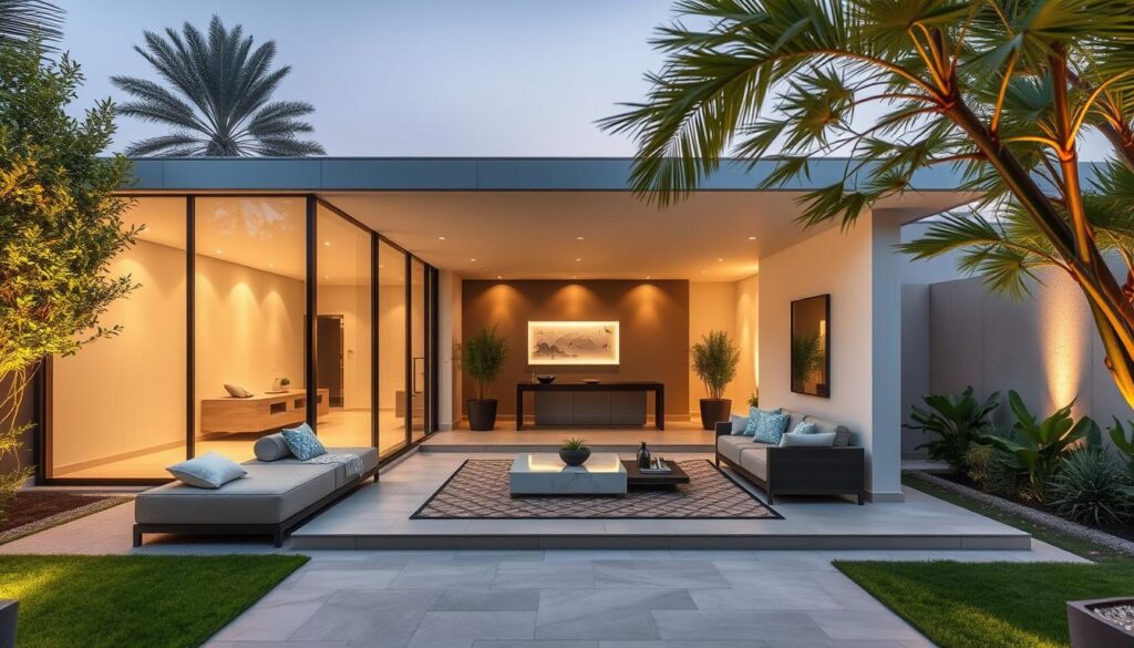 A modern outdoor living space in the city of Qatif, Saudi Arabia. A sleek, glass-walled annex with a spacious interior, filled with natural light. The structure features insulated sandwich panels, creating a high-performance thermal envelope. Lush, manicured greenery surrounds the building, blending the indoor and outdoor environments. Warm, diffused lighting casts a cozy ambiance in the evening, perfect for hosting elegant gatherings. Skilled tradesmen carefully install the premium materials, ensuring exceptional durability and a seamless aesthetic. The overall design exudes sophistication, elevating the property's architectural charm and functionality.