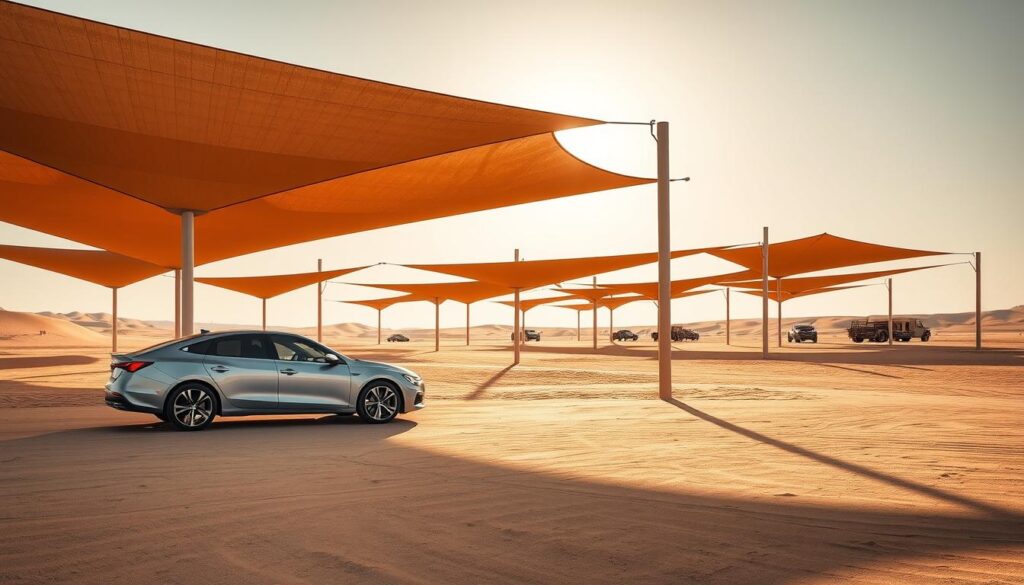 A modern, sleek car casting long shadows across a desert landscape, with a series of tensile shade structures in the foreground and middle ground. The shades feature a minimalist, geometric design with clean lines and a mix of neutral tones to complement the natural environment. Warm, directional lighting creates depth and highlights the textures of the structures, casting dramatic shadows across the sand. The overall scene conveys a sense of functional yet stylish architectural design, well-suited for an educational institution in the Dammam region of Saudi Arabia.