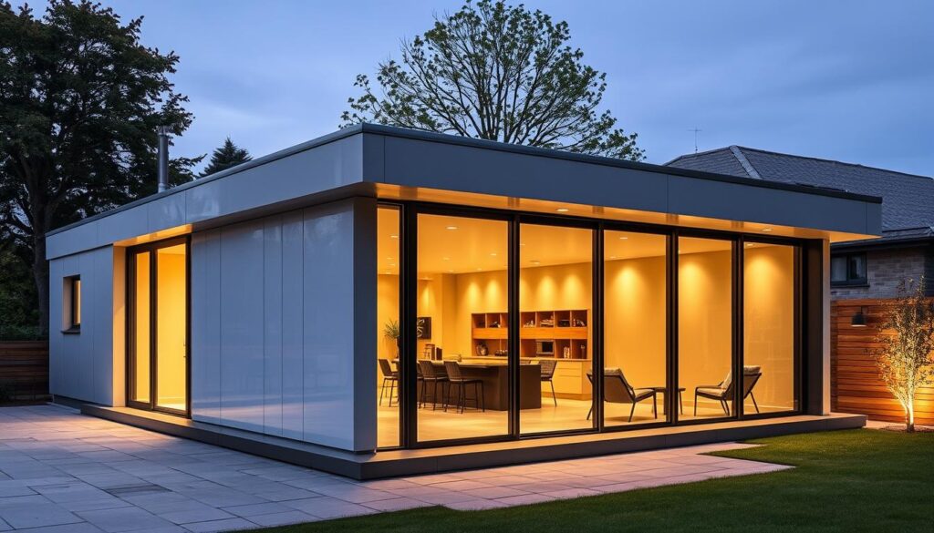 A modern, sleek exterior with a minimalist glass and steel annexe, expertly crafted by skilled workers. Gleaming sandwich panels, meticulously installed, create a seamless and energy-efficient structure that blends harmoniously with the surrounding landscape. Warm, diffused lighting highlights the clean lines and precise detailing, emanating a sense of understated elegance. The scene conveys a harmonious balance between form and function, showcasing the craftsmanship and innovative materials utilized in the construction of this exceptional outdoor living space.