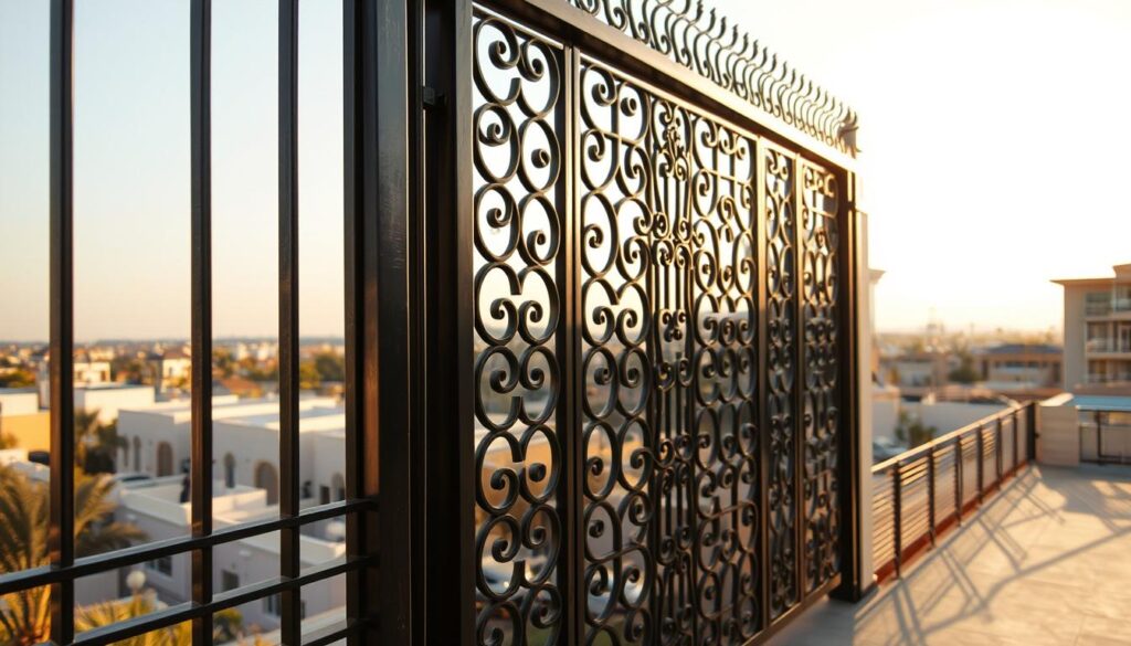 A modern, sleek iron privacy screen in the city of Dammam, Saudi Arabia. The screen features elegant, geometric designs and provides a solid, sturdy barrier for residential homes and villas. The screen is strategically positioned to enhance privacy and security, with a strong, metallic frame that casts dramatic shadows in the warm, afternoon sunlight. The foreground showcases the intricate metal work, while the middle ground reveals the screen's integration into the urban landscape. The background depicts a serene, residential neighborhood, emphasizing the screen's role in creating a peaceful, private oasis within the bustling city.