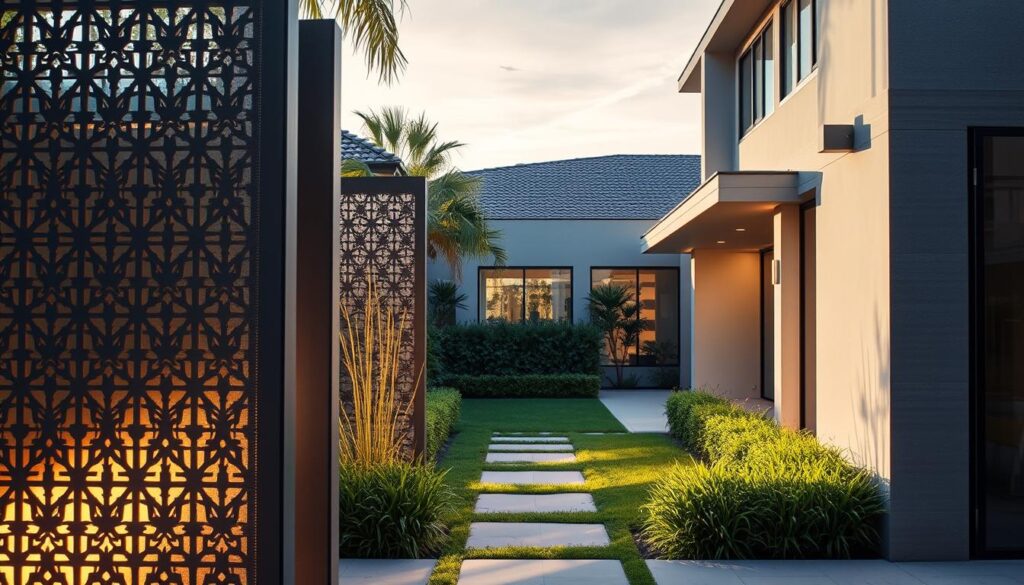 A modern, sleek laser-cut privacy screen in a courtyard of a luxurious villa. The screen features intricate geometric patterns that cast delicate shadows, creating a sense of elegance and exclusivity. The screen is backlit, giving it a soft, warm glow that enhances the sense of privacy and security. The foreground showcases the screen's craftsmanship, while the middle ground features lush, manicured landscaping, and the background reveals a glimpse of the villa's contemporary architecture. The overall scene conveys a mood of tranquility, sophistication, and a strong emphasis on privacy and protection.