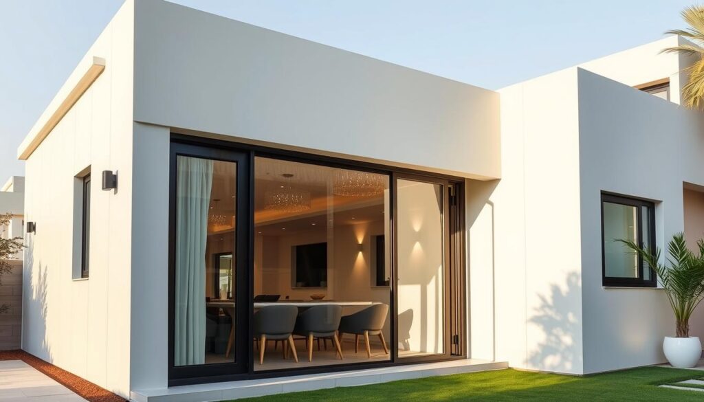 A modern, sleek outdoor annex in Dammam with a frameless glass facade, accentuated by clean lines and a minimalist aesthetic. Sunlight filters through the large windows, casting a warm glow on the insulated sandwich panel walls. Carefully placed lighting fixtures illuminate the space, creating a welcoming ambiance. The annex seamlessly blends with the surrounding architecture, showcasing the latest design trends in high-quality outdoor living spaces.