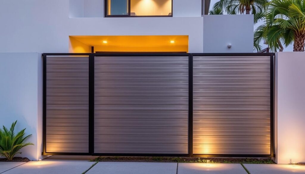 A modern, sleek privacy fence adorns the exterior of an elegant villa. Precisely engineered steel panels with a brushed metallic finish create a striking visual statement, providing both security and style. The fence seamlessly blends into the minimalist architecture, accented by discreet lighting that casts a warm, inviting glow. Subtle geometric patterns add visual interest, while the sturdy construction ensures durability against the elements. This striking privacy solution exudes a sense of sophisticated, contemporary design that complements the villa's high-end aesthetic.