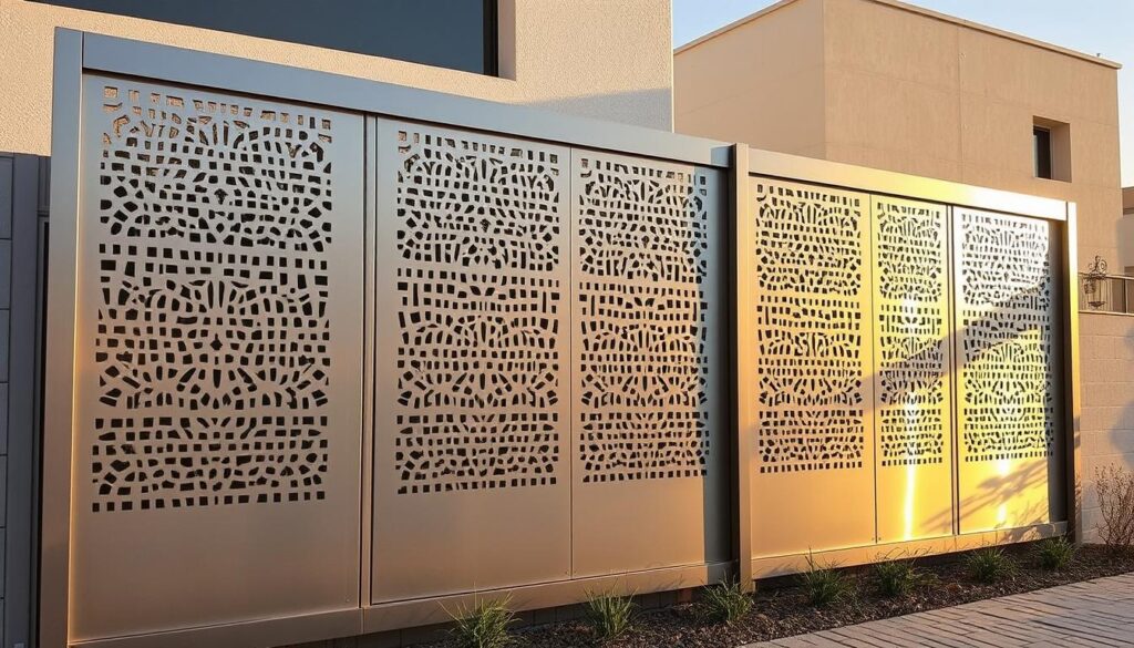 A modern, sleek steel privacy screen for a contemporary Dammam home. The metallic panels glimmer in the warm sunlight, creating a striking contrast against the minimalist architectural facade. The intricate laser-cut geometric patterns cast intricate shadows, adding depth and visual interest. The sturdy, industrial-chic design offers both security and an elegant aesthetic, complementing the property's clean-lined, high-end style. A perfect balance of form and function, this state-of-the-art steel screen exemplifies the cutting-edge privacy solutions available in Dammam for 2026.