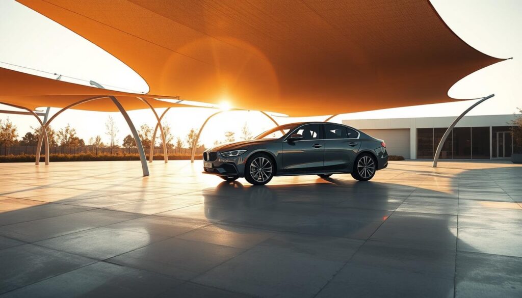 A modern, sleek tensile shade structure with a car parked beneath it. The shade is suspended by slender, curved steel supports that cast intricate shadows on the ground. The car's reflection is visible on the polished surface, giving a sense of depth and symmetry. The scene is bathed in warm, golden sunlight, creating a peaceful, inviting atmosphere. The shades are designed with a mix of translucent and opaque panels, allowing for both shade and dappled light. The overall composition highlights the harmony between the engineered structure and the natural environment, showcasing the advanced capabilities of 2026 shade technology.