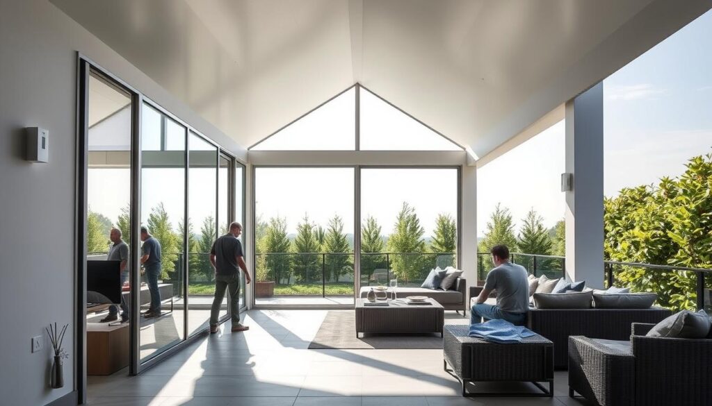 A modern, spacious outdoor living area with an elegant glass and aluminum annex addition. The annex features a sleek, minimalist design with large windows that flood the interior with natural light. The carefully selected insulated sandwich panels provide superior thermal insulation and energy efficiency. Workers diligently install the panels, ensuring a seamless, high-quality finish. The annex is situated against a backdrop of lush landscaping, creating a harmonious integration between indoor and outdoor spaces. The overall design conveys a sense of sophisticated simplicity, making it the perfect complement to the article's focus on quality and optimal design for outdoor living.