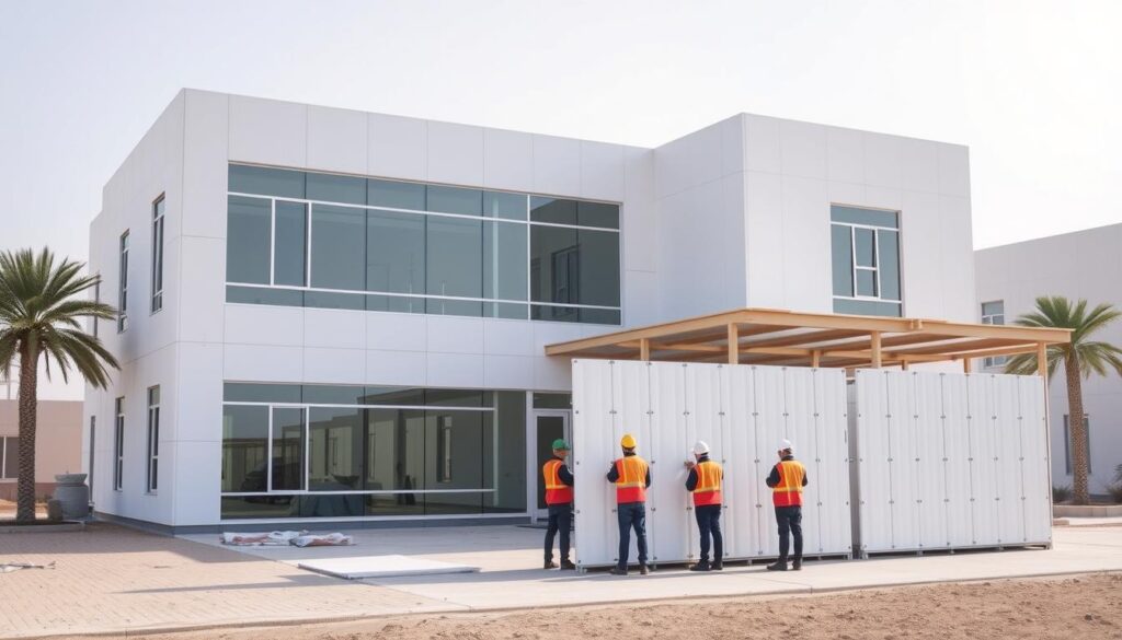 A modern, spacious two-story building with a glass-enclosed annex stands proudly in the heart of Alkhobar, Saudi Arabia. The structure features a clean, minimalist facade with sleek lines and large windows that allow natural light to flood the interior. In the foreground, a team of skilled workers carefully installs insulated sandwich panels, ensuring efficient thermal insulation for optimal energy efficiency. The scene exudes a sense of progress and innovation, capturing the essence of the region's commitment to contemporary architectural design and sustainable building practices.