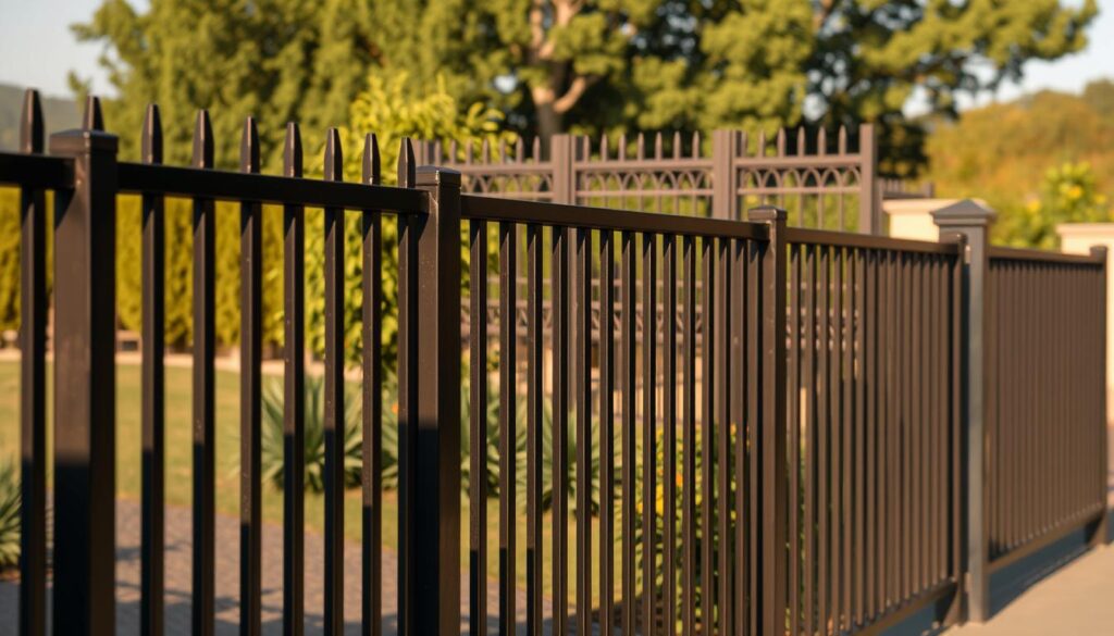 A modern, sturdy iron privacy fence stretches across the foreground, its sleek metal bars casting dramatic shadows. In the middle ground, the fence seamlessly transitions into a series of elegantly designed, interlocking metal screens that provide both security and architectural interest. The background features a lush, verdant landscape, hinting at the sense of privacy and serenity within. Warm, directional lighting accentuates the fence's metallic finish, creating a sophisticated, high-end aesthetic that reflects the overall theme of protection and elegance.