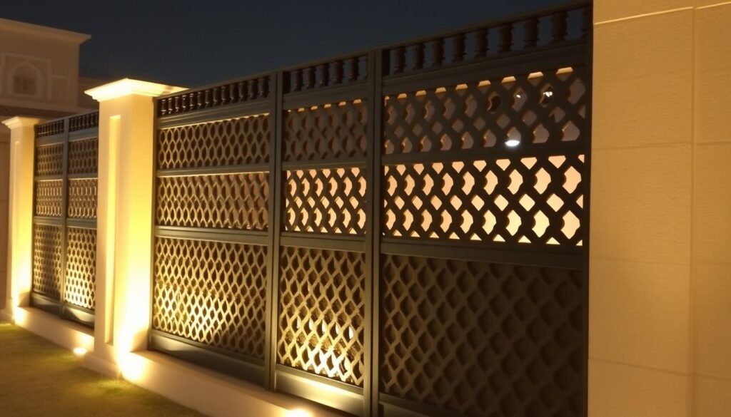 A modern, sturdy privacy fence in Dammam, Saudi Arabia, showcasing intricate lattice patterns and high-quality materials. The fence stands tall, providing a sense of security and elegance to the surrounding property. Warm, diffused lighting casts a soft glow, highlighting the fence's structural integrity and careful craftsmanship. The design seamlessly blends functionality and aesthetic appeal, creating a visually striking and practical solution for residential and agricultural settings.