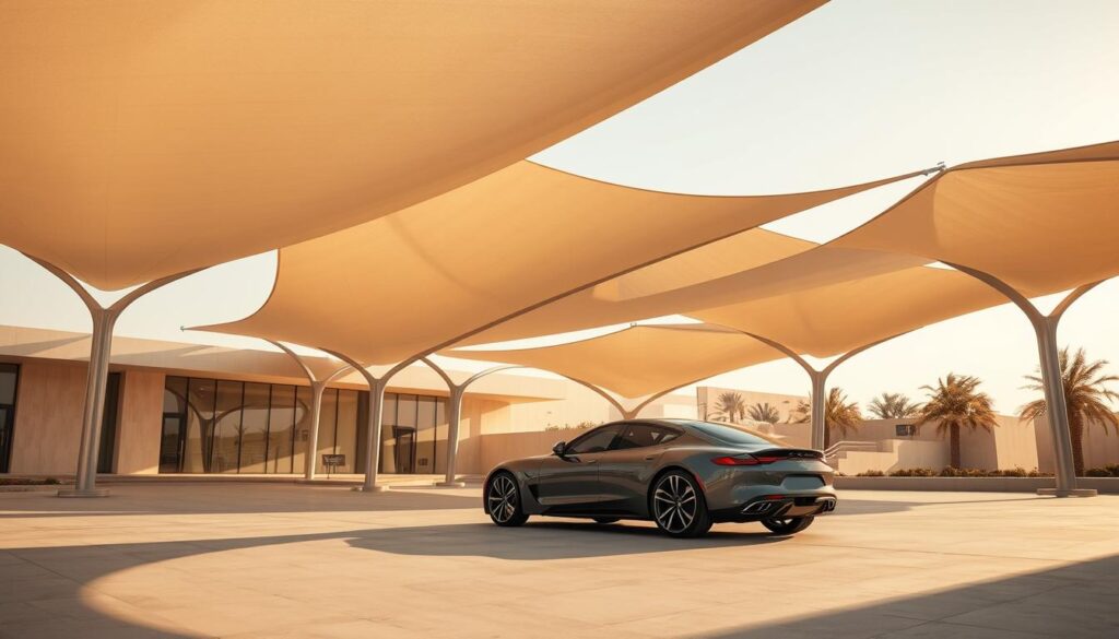 A modern tensile shade structure in Ahsa, Saudi Arabia, with sleek, curved canopies made of high-tensile fabric material. The canopy is supported by elegant, minimalist steel frames that seamlessly integrate with the surrounding architecture. The structure casts intricate, dynamic shadows on the ground, creating an interplay of light and shade. The scene is bathed in warm, natural lighting, highlighting the rich textures and colors of the materials. In the foreground, a luxurious, contemporary car is parked, complementing the futuristic design of the shade structure. The overall atmosphere conveys a sense of advanced engineering, innovation, and a forward-looking vision for the region.