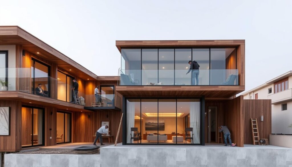 A modern, two-story wooden annex rises gracefully in the Dammam skyline. Large windows and a glass-enclosed upper level offer panoramic views. Workers carefully install insulated sandwich panels, creating an energy-efficient, sustainable structure. Warm lighting filters through the glass, casting a cozy glow. The annex blends seamlessly with the surrounding architecture, showcasing a harmonious balance of nature and contemporary design. Sleek lines, clean geometric shapes, and a neutral color palette convey an air of refined elegance. This ambitious project exemplifies the innovative approach to residential construction in Dammam, pushing the boundaries of modern building techniques.