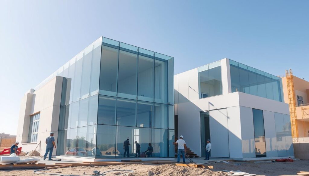 A modern villa construction site in Hofuf, Saudi Arabia. Skilled workers meticulously install gleaming insulated sandwich panels, creating sleek glass rooms and annexes that seamlessly blend cutting-edge design with energy-efficient materials. Precise engineering oversight ensures the utmost quality, as the structure takes shape under bright sunlight, casting dynamic shadows that accentuate the innovative architecture. This scene embodies the perfect balance of craftsmanship, technology, and architectural vision - a testament to the services of comprehensive engineering supervision and construction guarantees.