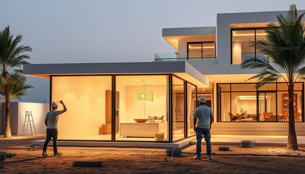 A modern villa in the heart of Al-Ahsa, Saudi Arabia, showcasing the latest in high-quality construction techniques. In the foreground, skilled workers expertly install insulated sandwich panels, ensuring superior thermal efficiency and energy savings. The middle ground features a sleek, glass-enclosed annex, seamlessly blending indoor and outdoor living spaces. Elegant lighting fixtures cast a warm, inviting glow, while the background boasts a stunning architectural design with clean lines and expansive windows, capturing the essence of luxury and attention to detail. The scene exudes an atmosphere of quality, innovation, and a commitment to sustainable building practices.